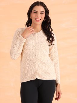 CAYMAN - Women Beige Textured Quirky Crew Neck Woollen Cardigan