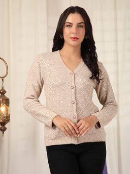 CAYMAN - Women Beige Textured V-Neck Ethnic Motifs Woollen Cardigan
