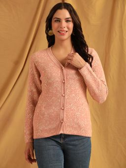 CAYMAN - Women Peach Textured V-Neck Ethnic Motifs Woollen Cardigan