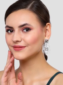 Karatcart - Silver Tone Cubic Zirconia Studded Square Dangler Earrings for Women