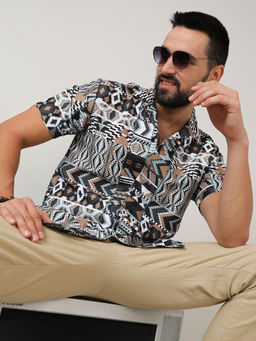 Campus Sutra - Mens Mocha Brown & Sage Green Bohemian Shirt