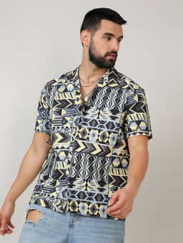 Campus Sutra - Mens Sky Blue & Lemon Yellow Bohemian Shirt