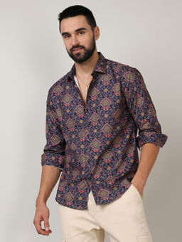 Campus Sutra - Mens Heather Navy Blue Ethnic Geometric Shirt