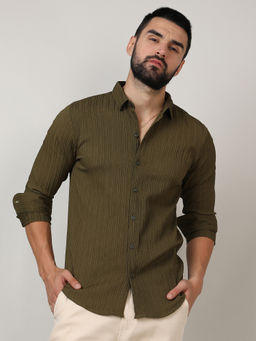 Campus Sutra - Mens Olive Green Self-Design Striped Shirt