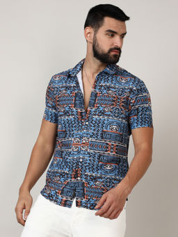 Campus Sutra - Mens Icy Blue Artistic Bohemian Shirt