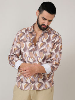 Campus Sutra - Mens Pale Yellow & Mocha Brown Abstract Block Shirt