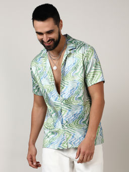 Campus Sutra - Mens Grass Green & Navy Blue Ripple Shirt