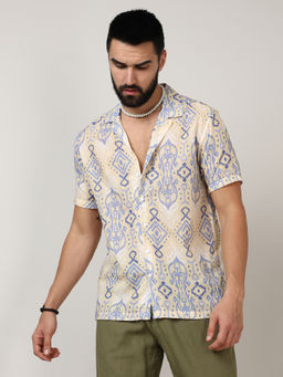 Campus Sutra - Mens Pale Yellow & Powder Blue Ethnic Shirt