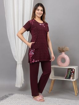 TWENTY ME - Maroon Printed Top Solid Sleepwear Set