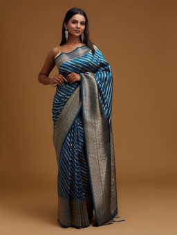 Koskii - Peacock Blue Stripes Zari Work Banarasi Designer Saree With Unstitched Blouse