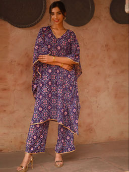 Aditi Wasan - Purple Floral Printed Kaftan and Palazzo (Set of 2)