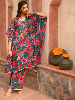 Aditi Wasan - Green Floral Printed Kaftan and Palazzo (Set of 2)