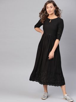 Libas - Black Rayon Schiffli A-Line Fit and Flared Midi Dress