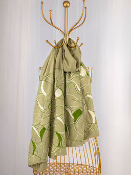 October - Green Cotton Embroidered Scarf- Perspective & Lines
