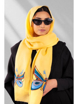 October - Yellow Fine Wool Embroidered Scarf - Sabar, Sukoon, Butterflies