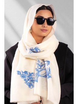 October - White Fine Wool Hand-Painted Embroidered Scarf - Birds On The Nest