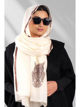 October - White Fine Wool Embroidered Scarf - As Wise As An Owl