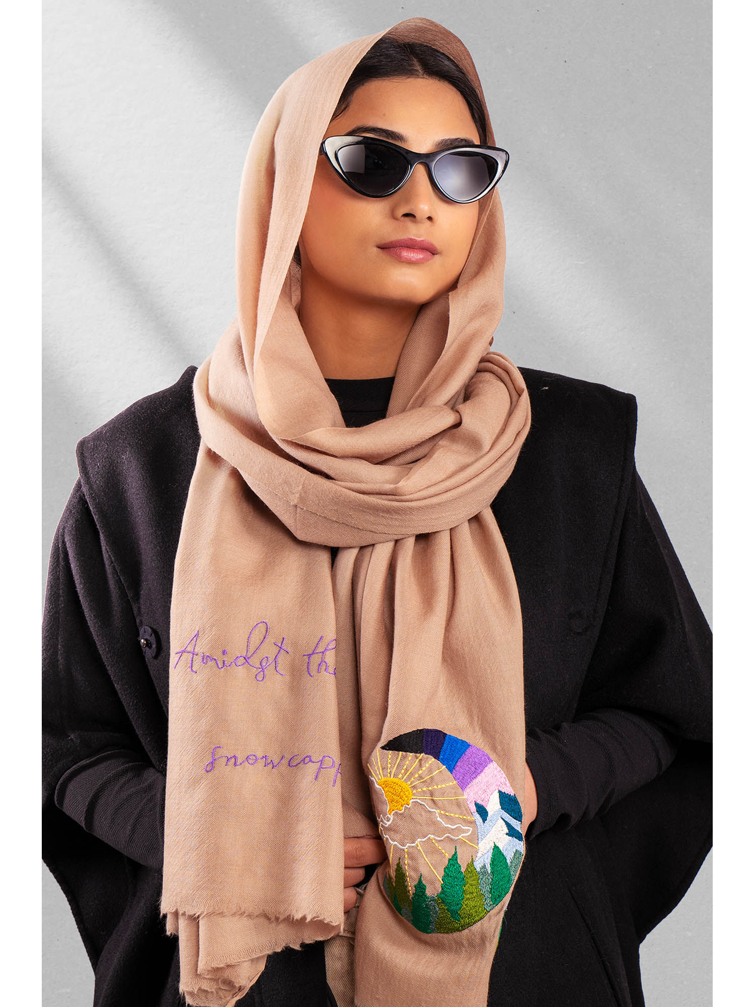 october Beige Fine Wool Embroidered Scarf - Moon Mountains And Sunshine-picture-24