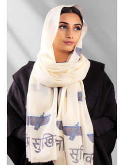 October - Beige Fine Wool Embroidered Scarf - Kishti Kinara