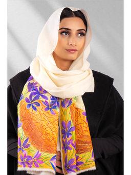 October - White Fine Wool Floral Scarf - Kesari Bageecha