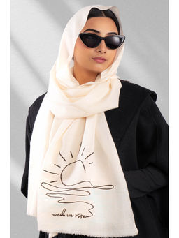 October - White Fine Wool Embroidered Scarf - Samundra Kinara