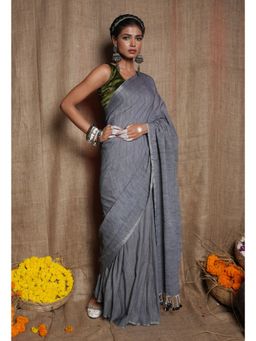 Unnati Silks - Grey Handloom Mulmul Saree with Unstitched Blouse