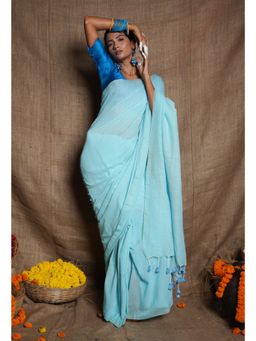 Unnati Silks - Light Blue Handloom Mulmul Saree with Unstitched Blouse