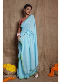 Unnati Silks - Light Blue Handloom Mulmul Saree with Unstitched Blouse