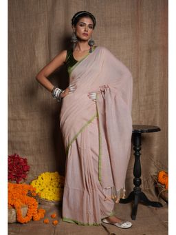 Unnati Silks - Beige Handloom Mulmul Saree with Unstitched Blouse