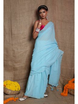 Unnati Silks - Light Blue Handloom Mulmul Saree with Unstitched Blouse