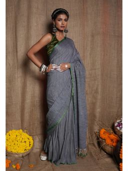 Unnati Silks - Grey Handloom Mulmul Saree with Unstitched Blouse