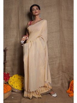 Unnati Silks - Cream Handloom Mulmul Saree with Unstitched Blouse