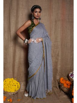 Unnati Silks - Grey Handloom Mulmul Saree with Unstitched Blouse
