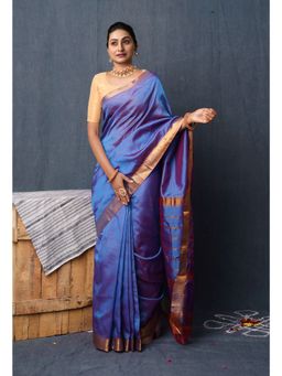 Unnati Silks - Peacock Blue Pure Mangalgiri Soft Silk Saree with Unstitched Blouse