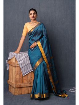Unnati Silks - Peacock Green Pure Mangalgiri Soft Silk Saree with Unstitched Blouse