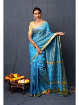 Unnati Silks - Blue Pure Zari Weaving Checks Mangalgiri Soft Silk Saree with Unstitched Blouse