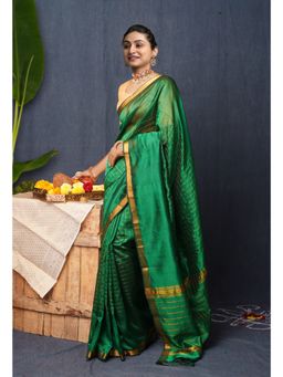 Unnati Silks - Dark Green Zari Weaving Checks Mangalgiri Soft Silk Saree with Unstitched Blouse
