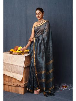 Unnati Silks - Dark Pewter Grey Zari Weaving Checks Mangalgiri Silk Saree with Unstitched Blouse