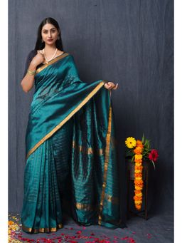 Unnati Silks - Peacock Green Zari Weaving Checks Mangalgiri Soft Silk Saree with Unstitched Blouse