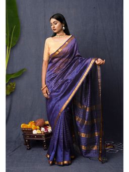 Unnati Silks - Navy Blue Pure Zari Weaving Checks Mangalgiri Soft Silk Saree with Unstitched Blouse