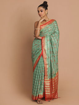 Indethnic - Banarasi Green Embroidered Daily Wear Saree With Unstitched Blouse