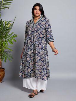 Globus - Gloplus Women Blue V-Neck Allover Floral Print Pleated Straight Plus Size Workwear Kurta