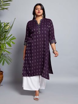 Globus - Gloplus Women Purple Mandarin Collar Zari Detail Woven Design Straight Plus Size Workwear Kurta