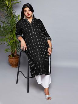Globus - Gloplus Women Black Mandarin Collar Zari Detail Woven Design Straight Plus Size Workwear Kurta