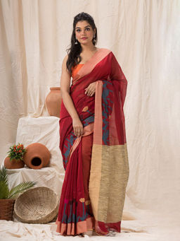 Angoshobha - Maroon Cotton Blended Traditional Jamdani Saree with Unstitched Blouse