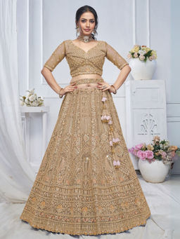Odette - Brown Embroidered Semi Stitched Lehenga with Unstitched Blouse and Dupatta (Set of 3)