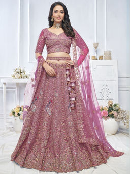 Odette - Pink Embroidered Semi Stitched Lehenga with Unstitched Blouse and Dupatta (Set of 3)