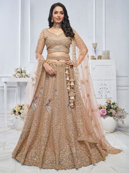 Odette - Brown Embroidered Semi Stitched Lehenga with Unstitched Blouse and Dupatta (Set of 3)