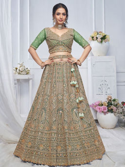 Odette - Green Embroidered Semi Stitched Lehenga with Unstitched Blouse and Dupatta (Set of 3)