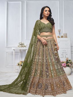 Odette - Green Embroidered Semi Stitched Lehenga with Unstitched Blouse and Dupatta (Set of 3)